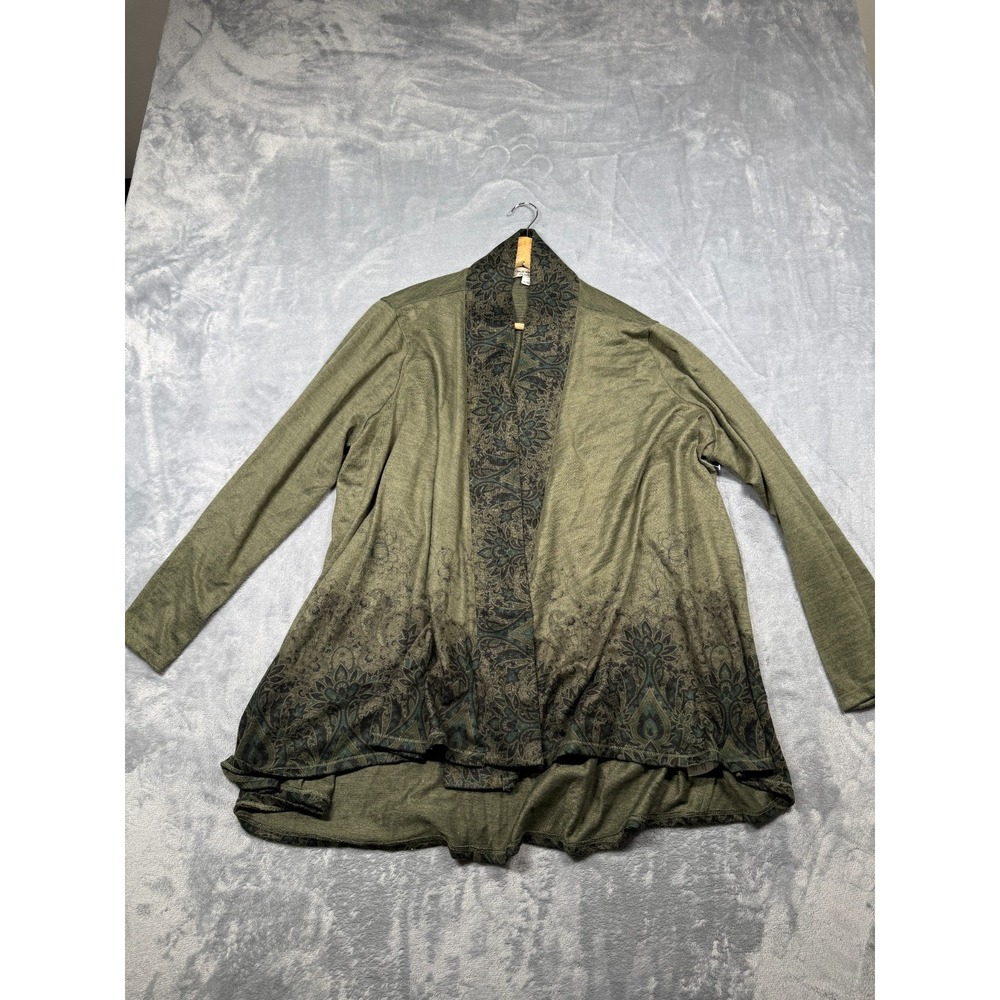 One World Cardigan Sweater Womens 3X Green Knit Floral Shawl Collar Open Front
